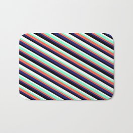 [ Thumbnail: Eye-catching Aquamarine, Red, Midnight Blue, Black, and White Colored Pattern of Stripes Bath Mat ]