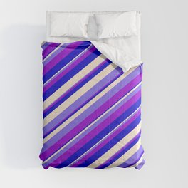 [ Thumbnail: Beige, Medium Slate Blue, Dark Violet & Blue Colored Stripes Pattern Comforter ]