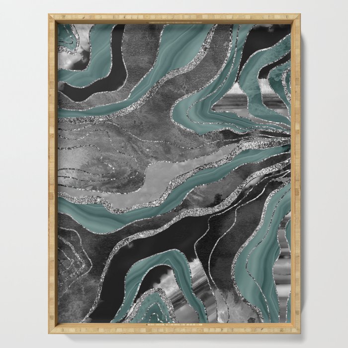 Pale Teal Gray Marble Agate Silver Glitter Glam #1 (Faux Glitter) #decor #art #society6 Serving Tray