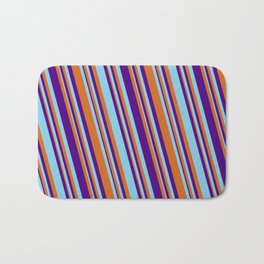 [ Thumbnail: Chocolate, Indigo & Sky Blue Colored Stripes Pattern Bath Mat ]