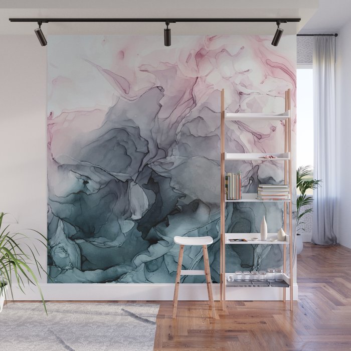 Blush and Payne's Grey Flowing Abstract Painting Wall Mural