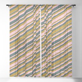 [ Thumbnail: Pink, Dark Slate Gray, and Dark Goldenrod Colored Lines Pattern Sheer Curtain ]