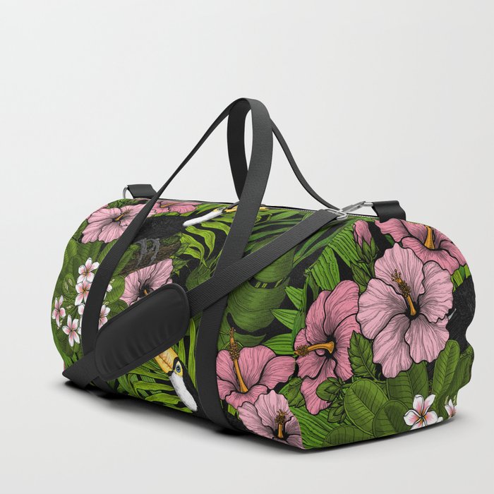 Toucans and tropical flora, green and pink Duffle Bag