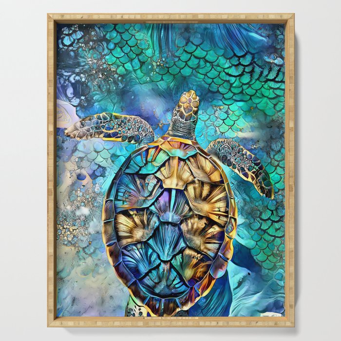 Sea Gold Blue Turtle Modern Artwork Sealife Design Turtles Colorful art  Serving Tray