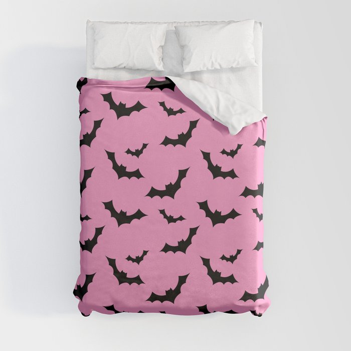 Black Bat Pattern on Pink Duvet Cover