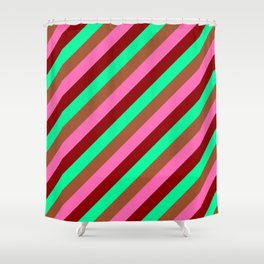 [ Thumbnail: Green, Sienna, Hot Pink, and Dark Red Colored Lined/Striped Pattern Shower Curtain ]