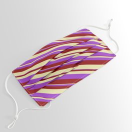 [ Thumbnail: Dark Orchid, Dark Red, and Pale Goldenrod Colored Striped/Lined Pattern Face Mask ]