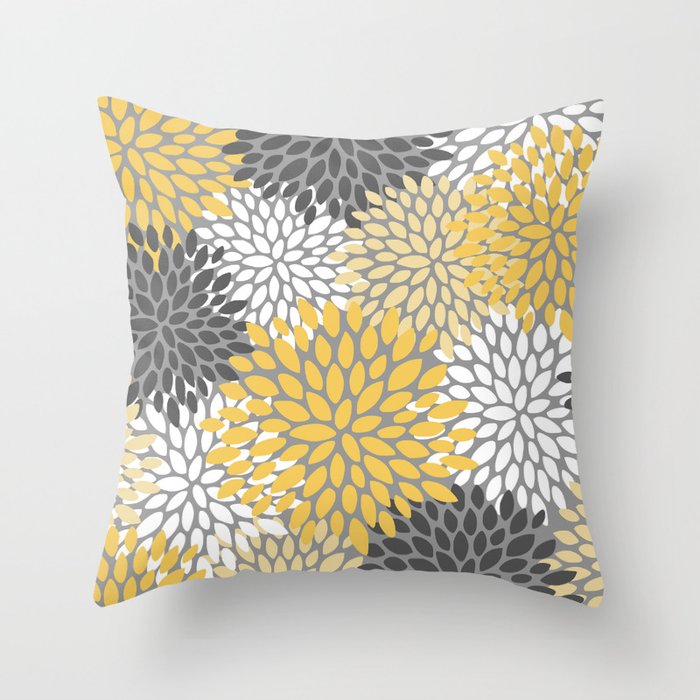 Modern Flowers Print, Yellow, White and Charcoal Grey Throw Pillow
