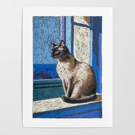 Siamese Cat Oil Pastel Drawing | Shades of Cool Blue | Original Modern Animal Artwork Poster