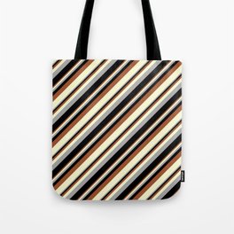[ Thumbnail: Sienna, Light Yellow, Dark Grey, and Black Colored Stripes Pattern Tote Bag ]