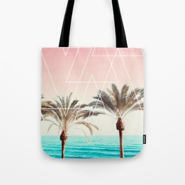 Modern tropical palm tree sunset pink blue beach photography white geometric triangles Tote Bag