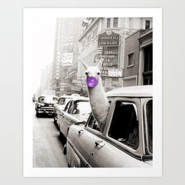 Hubba Bubba Purple Bubble Gum Llama taking a New York Taxi cab black and white photograph Art Print