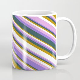 [ Thumbnail: Colorful Dark Goldenrod, White, Plum, Purple & Dark Slate Gray Colored Lines/Stripes Pattern Coffee Mug ]