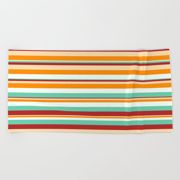 Eye-catching Mint Cream, Aquamarine, Red, Tan & Dark Orange Colored Striped Pattern Beach Towel