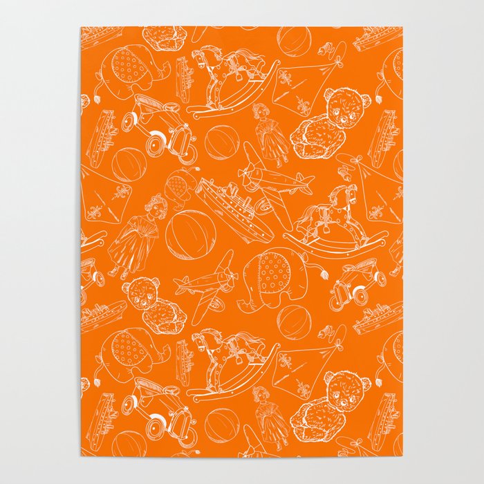 Orange and White Toys Outline Pattern Poster