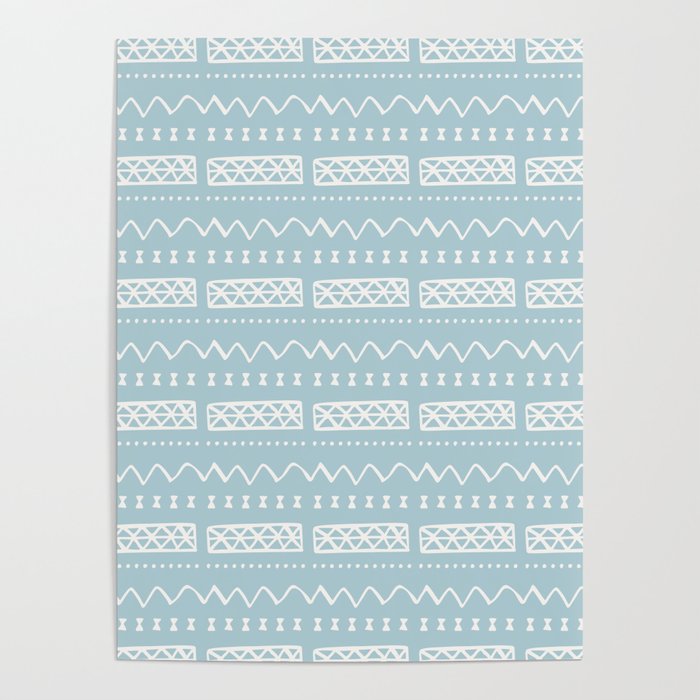 Zesty Zig Zag Bow Light Blue and White Mud Cloth Pattern Poster