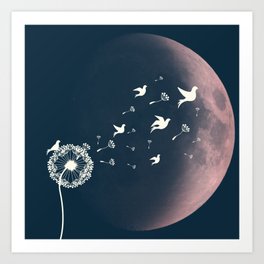 Silouette Dandelion with Bird at Pink New Moon Art Print