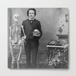 Edgar Allan Poe with Skull and Skeleton macabre black and white photograph Metal Print | Poets, Skeletons, Death, Gothic, Dead, Skull, Photo, Lovecraft, Newyork, Ghosts 