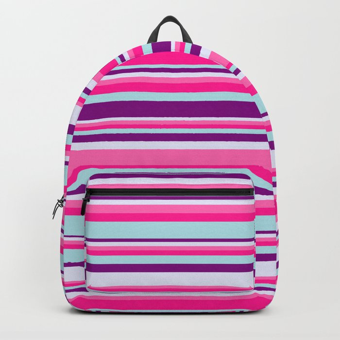 Colorful Hot Pink, Deep Pink, Powder Blue, Purple, and Lavender Colored Lined Pattern Backpack