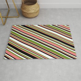 [ Thumbnail: Green, Light Coral, Black & White Colored Lined/Striped Pattern Rug ]