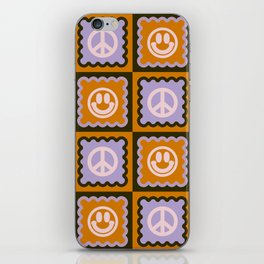 Funky Checkered Smileys and Peace Symbol Pattern (Dark Brown, Ginger Brown, Lilac, Muted Pink) iPhone Skin