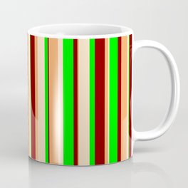 [ Thumbnail: Brown, Bisque, Lime & Maroon Colored Pattern of Stripes Coffee Mug ]