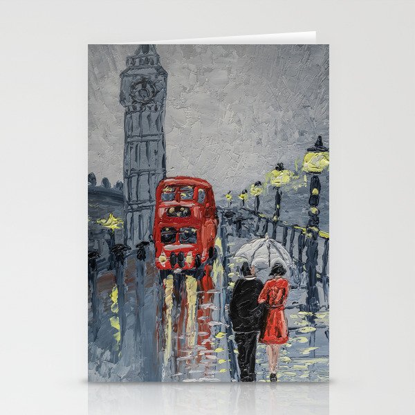 A couple walking in rainy London. Stationery Cards