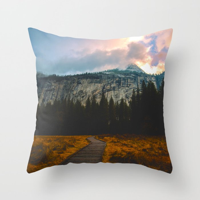 Path Leading To Mountain Paradise Mountain Snow Capped Pine Trees Tall Grass Sunrise Landscape Throw Pillow By Enshape
