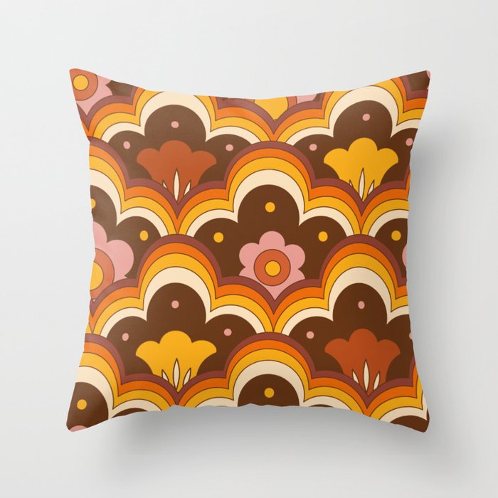 Retro 70s Flowers, Floral Pattern, Mid Century Modern Pattern Orange Brown Pink. Throw Pillow