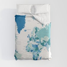 Teal and blue world map with cities - SIZES LARGE & XL ONLY Duvet Cover