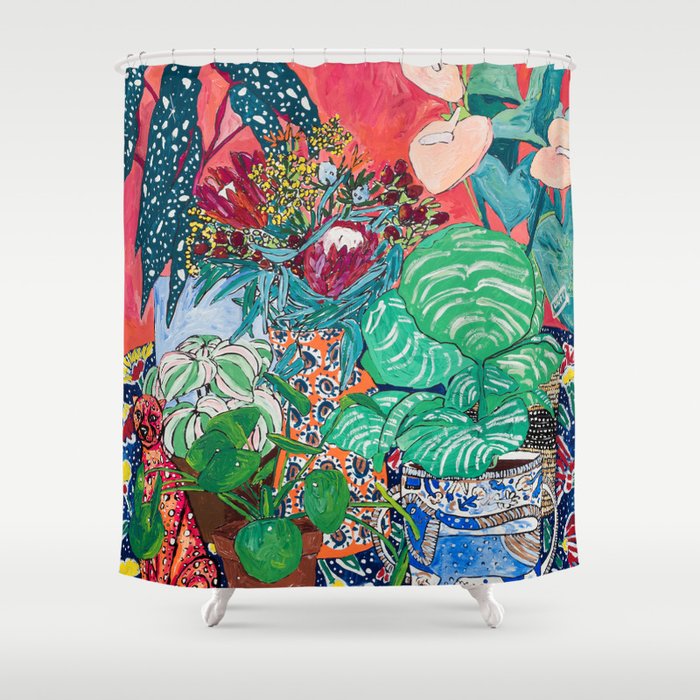 Jungle of Houseplants and Flowers on Bright Coral Pink with Wild Cats Shower Curtain
