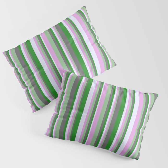 Vibrant Forest Green, Dim Grey, Dark Sea Green, Plum, and Lavender Colored Lined/Striped Pattern Pillow Sham