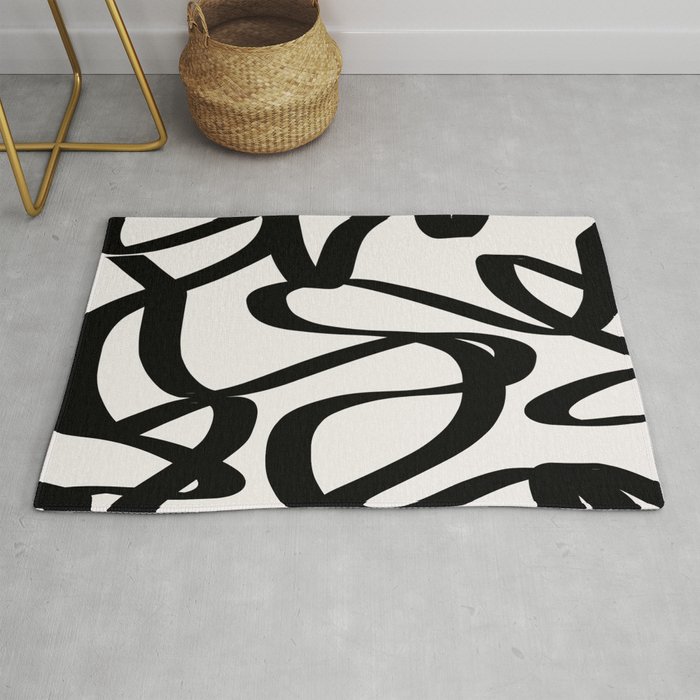 Abstract Swirl Abstract Lines Print Midcentury Shapes Contemporary Black And Beige Cream Swirl Rug