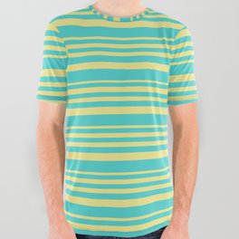 [ Thumbnail: Tan and Turquoise Colored Pattern of Stripes All Over Graphic Tee ]