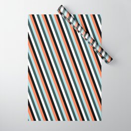 [ Thumbnail: Coral, Powder Blue, Dark Slate Gray, White, and Black Colored Stripes Pattern Wrapping Paper ]