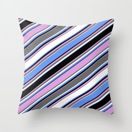 [ Thumbnail: Eye-catching Cornflower Blue, Black, Plum, Dim Grey, and White Colored Lined Pattern Throw Pillow ]