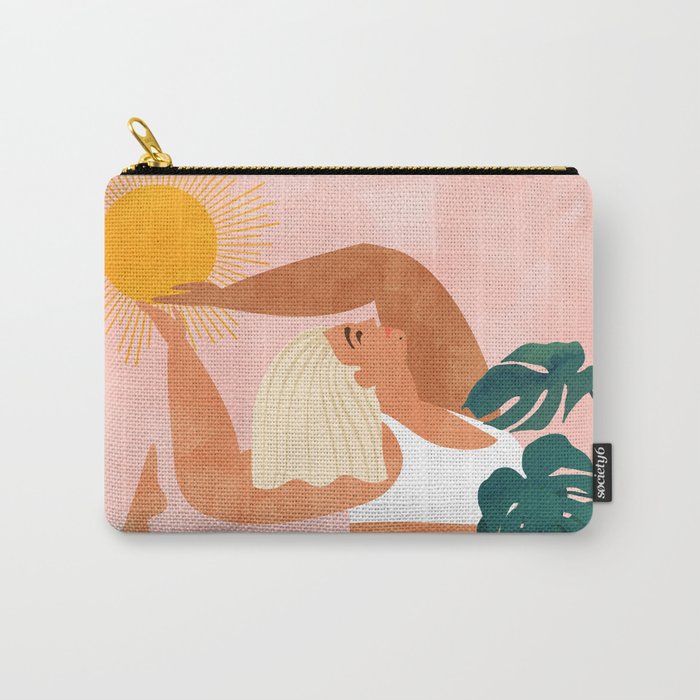 Tropical Yoga, Bohemian Woman Cat Pet Monstera Watercolor Painting, Blonde Quirky Illustration Carry-All Pouch