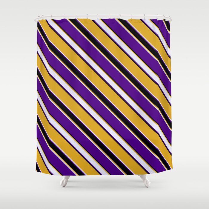 Goldenrod, Lavender, Indigo, and Black Colored Lined Pattern Shower Curtain
