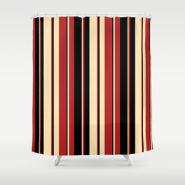 [ Thumbnail: Beige, Red, and Black Colored Striped Pattern Shower Curtain ]