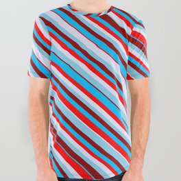 [ Thumbnail: Eyecatching Sky Blue, Dark Red, Deep Sky Blue, Red & Lavender Colored Lines/Stripes Pattern All Over Graphic Tee ]