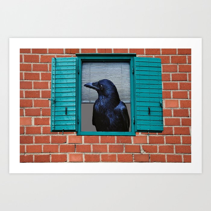 open Window with Raven - Brickwall  Art Print