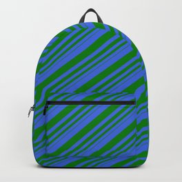 [ Thumbnail: Royal Blue and Green Colored Lines/Stripes Pattern Backpack ]