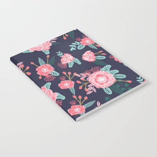 Peony floral bouquet navy pink bright happy flowers dorm college office decor must have pattern Notebook