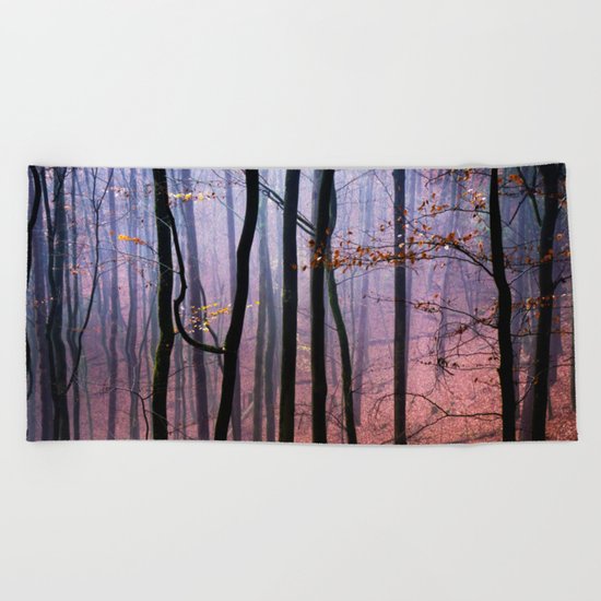 Foggy fall forest photography Beach Towel