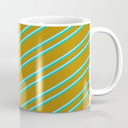 [ Thumbnail: Dark Goldenrod, Light Blue, and Dark Turquoise Colored Lined/Striped Pattern Coffee Mug ]