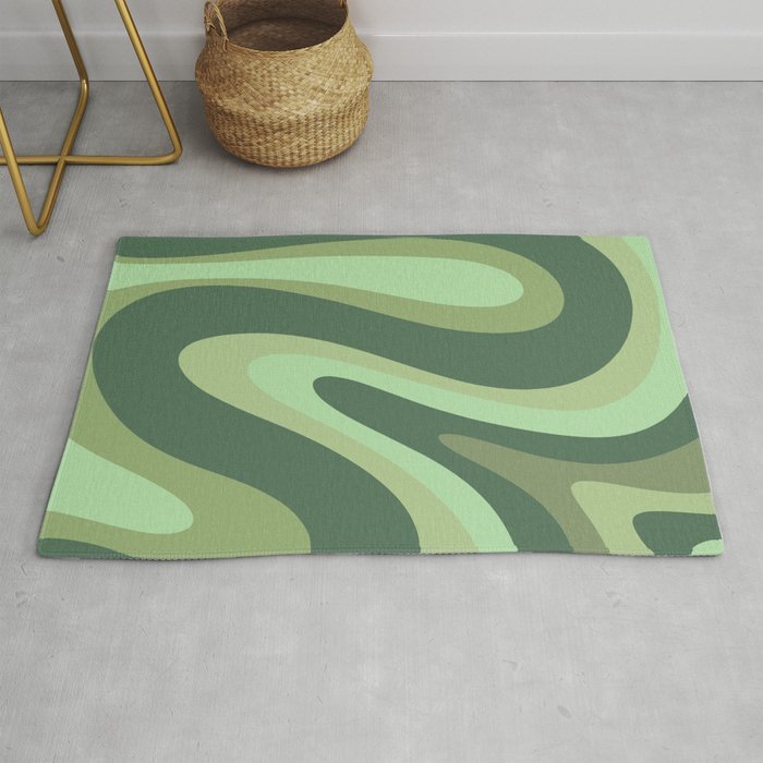 Retro Liquid Swirls Abstract Pattern in Basil and Mint Green Rug
