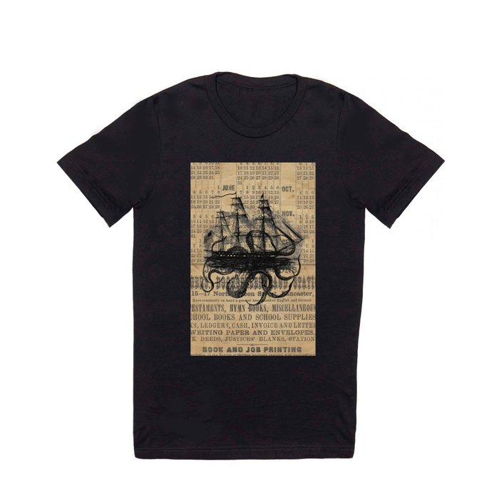 Octopus Kraken attacking Ship Antique Almanac Paper T Shirt