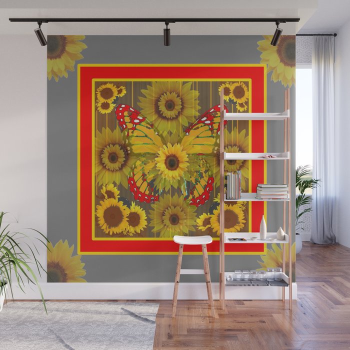 MODERN GREY-RED BUTTERFLY SUNFLOWERS TAPESTRY  ART Wall Mural
