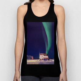 Northern Lights and house boat in Yellowknife Tank Top