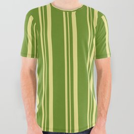 [ Thumbnail: Green and Tan Colored Stripes Pattern All Over Graphic Tee ]